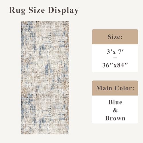 3x7 Washable Non-Slip Kitchen Runner Rug – Modern Abstract Neutral Carpet for Hallway, Entryway, Bedroom, Laundry Room – Low-Pile Thin Wide Floor Runner with Rubber Backing（Blue Brown） - Image 2