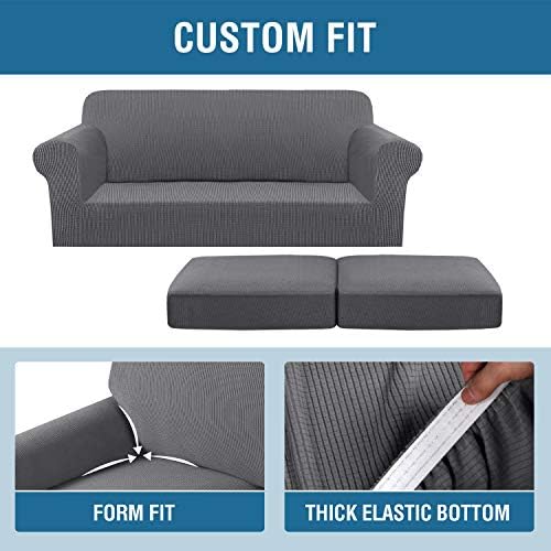 H.VERSAILTEX 3 Piece Stretch Sofa Covers for 2 Cushion Sofa Couch Covers for Living Room Furniture Cover (Base Cover Plus 2 Seat Cushion Covers) Thicker Jacquard Fabric(Large Sofa, Grey) - Image 4