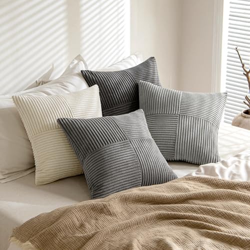 MIULEE Neutral Grey Decorative Throw Pillow Covers 18x18 Inch Set of 4 Modern Farmhouse Corduroy Cushion Cases Striped Patchwork Pillow Cases for Couch Sofa Bedroom Home Decor - Image 4