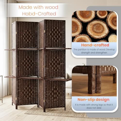 FDW | 4 Panel Folding Room Divider with Shelves | 5.9ft, Rustic Brown - Image 5