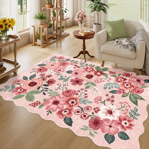 DUKINO 4x6 Area Rug, Non Slip Floral Washable Rug for Living Room, Pink by DUKINO