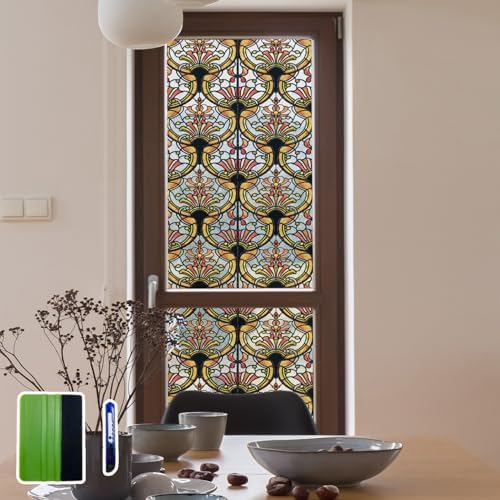 3D Vintage Stained Glass Window Film with Tools, Decorative Window Privacy Film for Room/Door/Home Decor, Amber Tracery, 16.93’’X47.24’’(43X120CM) by ChicSkin