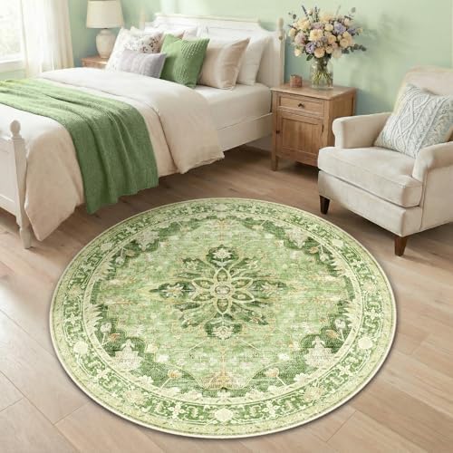 RELEANY Washable Area Rug, Round 4ft, Green/Yellow by RELEANY