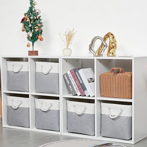 MidmmVick 12 x 12 Inch Cube Storage Bins, 6 Pack Large Collapsible Fabric Storage Bin with Ropes, Foldable Storage Cubes for Home, Office,Closet, Clothes, Toys Organizer (White & Grey) - Image 6