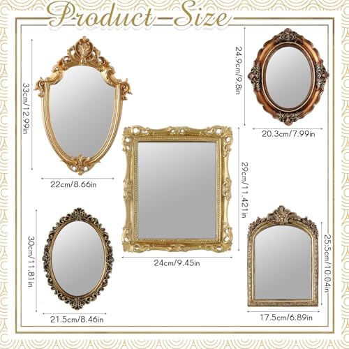 Wonderjune 5 Pcs Vintage Gold Mirror Set for Wall Decorative Resin Frame Ornate Antique Hanging and Tabletop Mirror for Home Dresser Gallery Decor Photography Props Gift (Ornate Style) - Image 2