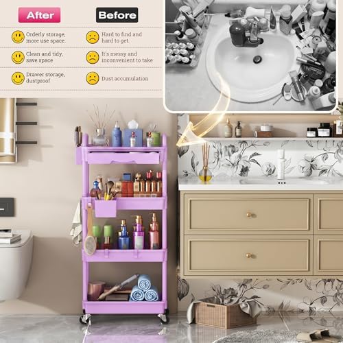 Goovilla Rolling Makeup Organizer Cart with Removable Drawer, 4 Tier Purple - Image 7