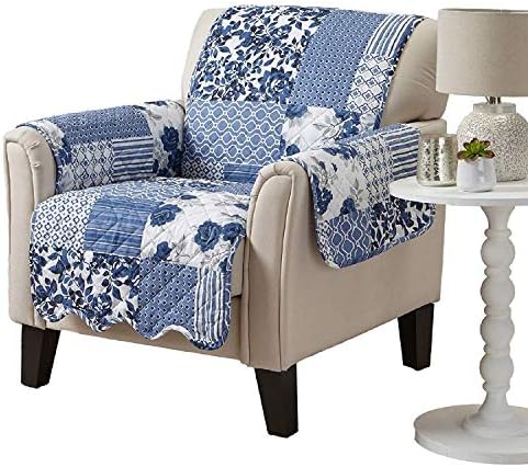 Great Bay Home Reversible Patchwork Chair Cover - Washable Slipcover Furniture Protector with Elastic Straps - Perfect for Kids & Pets - Box-Stitched Detail (Navy) by GreatBayHome