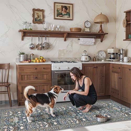Washable 2x8 Hallway Runner Rug: Vintage Water-Resistant Kitchen Entryway Rug Ultra Soft Living Room Bedroom Carpet Non Slip Indoor Low Pile Floor Mat for Bathroom Dining Room(2x8,Floral/Blue) by HYHAOYUNLAI