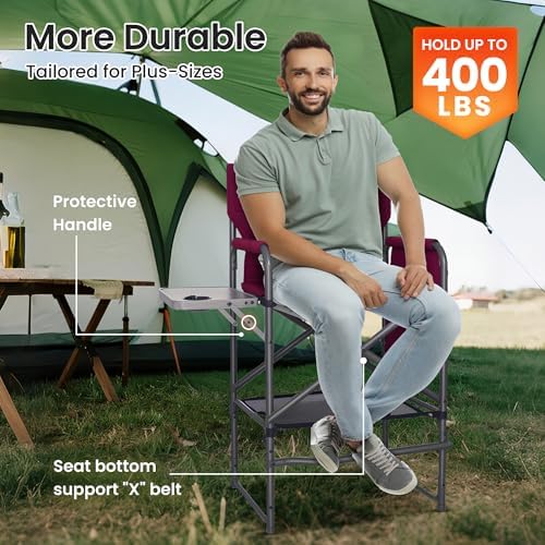 Tall Directors Chair 30" Seat Height, Bar Height Folding Chair with Side Table, Foldable Camping Chair with Side Pocket for Makeup Artist, Sports Event, Supports 400LBS - Red - Image 4