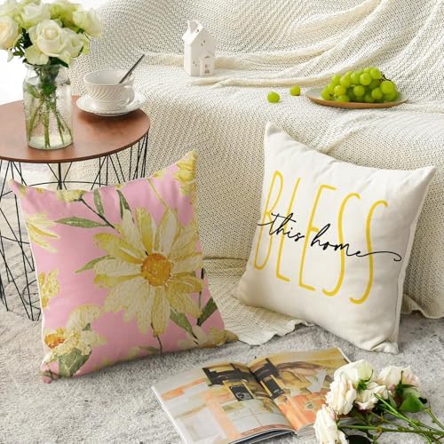 AVOIN colorlife Home Sweet Home Spring Summer Flowers Pink Throw Pillow Covers, 20 x 20 Inch White Cushion Case for Sofa Couch Set of 4 - Image 4