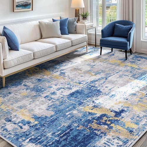 RELEANY Washable 9'x12' Abstract Area Rug for Living Room Blue Gold - Image 2