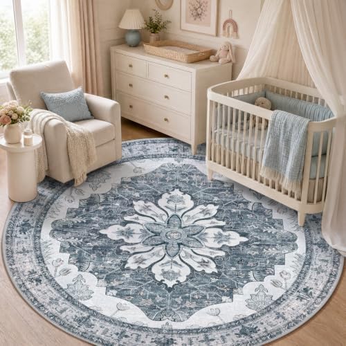 RELEANY Washable Area Rug, Round 5ft, Grey/White/Beige by RELEANY