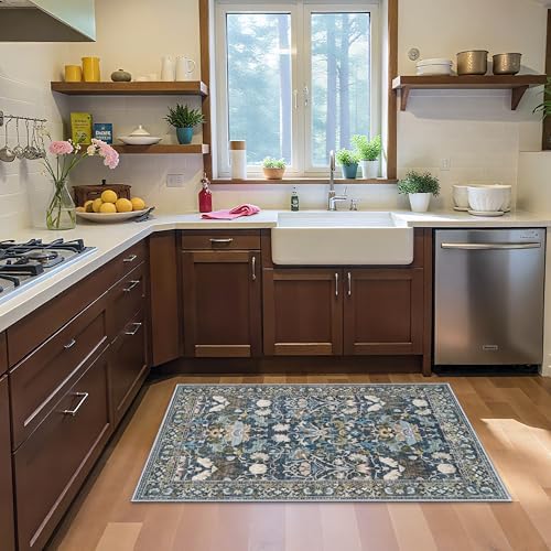 Washable 3x5 Entryway Area Rugs: Ultra Soft Low Pile Carpet for Kitchen Nursery Indoor Light-Weight Doormat Anti-Slip Thin Entry Rug for Living Room Bedroom Small Vintage Floor Mat(3x5,Floral/Blue) - Image 2