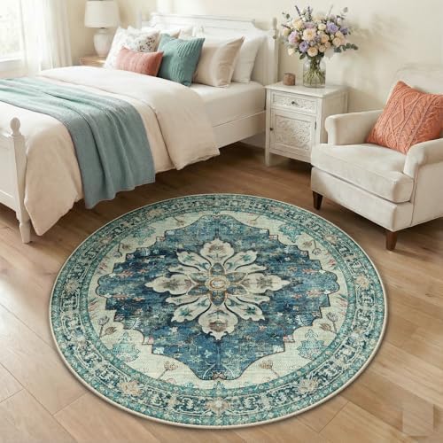 RELEANY Washable Area Rug, Round 4ft, Blue/Vintage Dark Blue by RELEANY