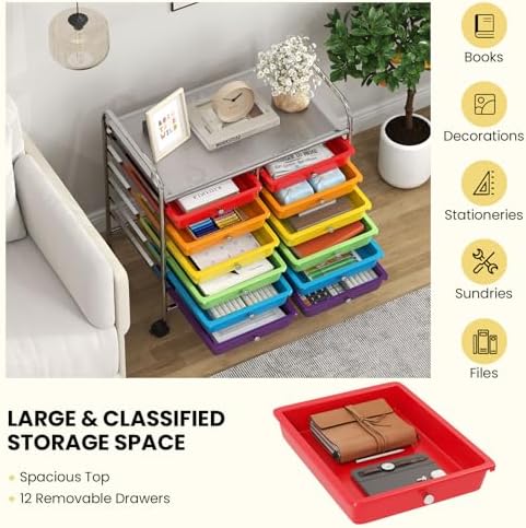 Giantex 12 Drawers Rolling Cart, Mobile Storage Drawer Cart, Classroom Organizer Cart for Office School Supplies Tools Scrapbook Paper Craft Small Printer, Utility Cart on Wheels, Multicolor - Image 7