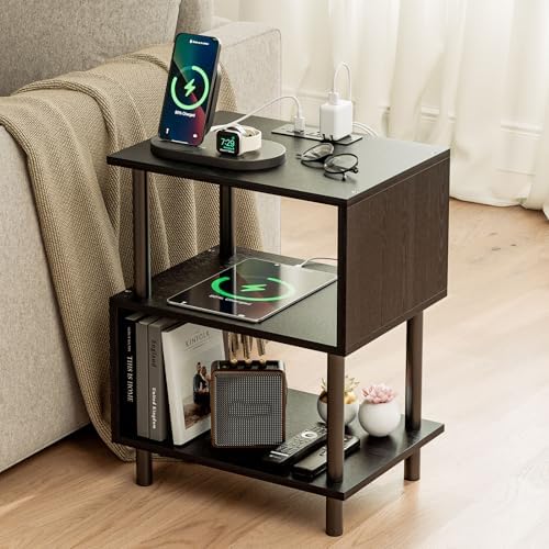 Frylr Small Side Table, End Table and Nightstand with 3-Tier Wood Shelves, Sturdy Metal Frame with 44 LBS Capacity per Shelf, Easy to Assemble for Living Room or Bedroom,Dark Oak by Frylr