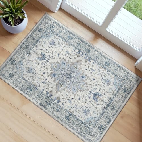 RELEANY Washable Area Rug, Small 2'x3', Blue/White/Gray by RELEANY