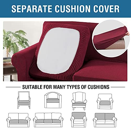 H.VERSAILTEX 3 Piece Stretch Sofa Covers for 2 Cushion Loveseat Couch Covers for Living Room Furniture Cover (Base Cover Plus 2 Seat Cushion Covers) Thicker Jacquard Fabric(Medium Sofa, Burgundy) - Image 5