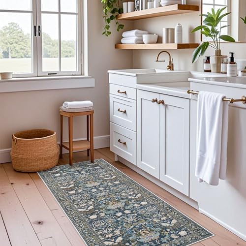 2x5 Decorative Vintage Hallway Runner: Washable Oriental Pet-Friendly Soft Carpet for Bathroom Bedroom Non-Slip Laudry Floor Mat - Low Pile Non-Shedding Rug for Apartments & Homes(2x5,Floral/Blue) - Image 3
