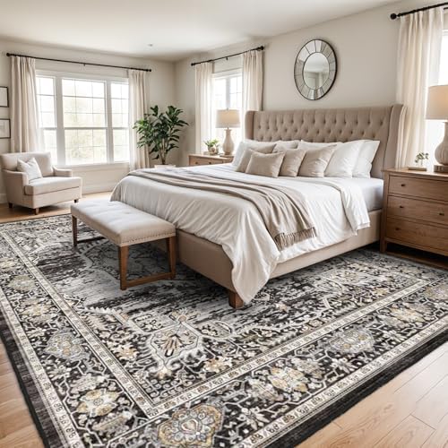 Washable Rugs 10x14 Area Rug: Large Rugs for Living Room - Oriential Distressed Printed Floral Carpet - Non Slip with Rubber Backing Area Rug 10'x14' Black - Image 3