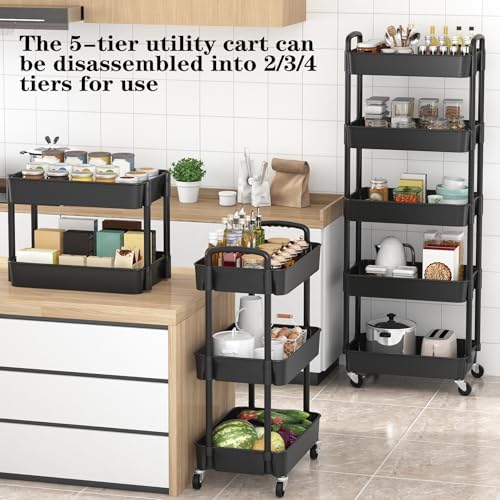 Sywhitta 5-Tier Plastic Rolling Utility Cart with Wheels,Black - Image 2