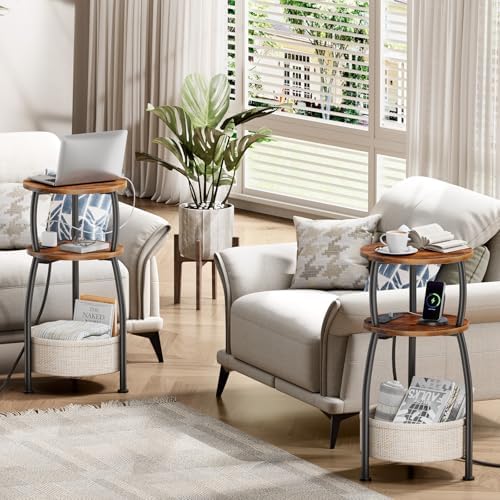 Side Table with Charging Station, Small Round End Table with Basket - Image 5