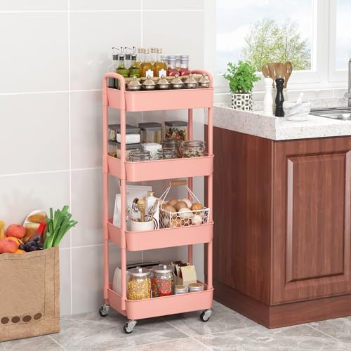 Sywhitta 4-Tier Plastic Rolling Utility Cart with Wheels for Storage, Pink - Image 3