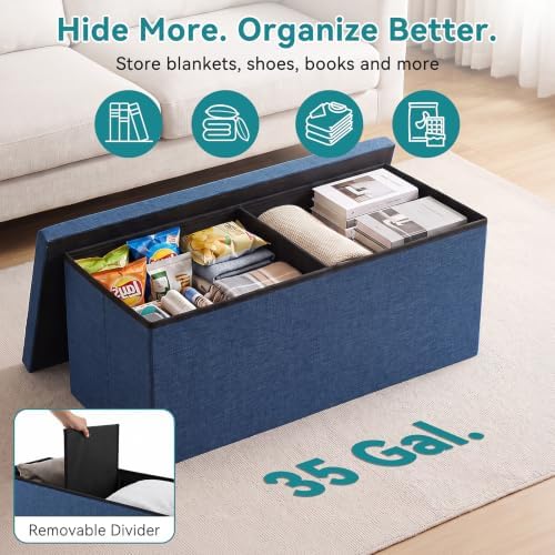 OLIXIS 43 Inch Folding Storage Ottoman Bench, Blue Ottoman with Storage - Image 5