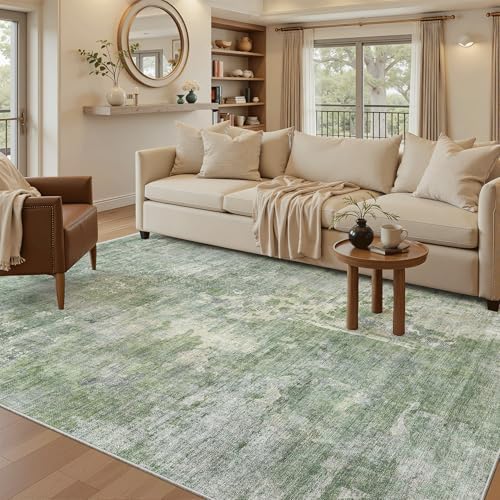 Soalmost Abstract 7x9 Area Rug for Living Room Washable Rugs Green/Ivory by Soalmost