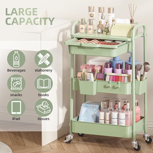 KINGRACK 3 Tier Metal Rolling Cart with Drawer, Green Utility Storage Cart | 2 Cups & 4 Hooks, Lockable Wheels, Trolley Organizer for Bathroom, Kitchen, Office, Nursery, Dorm, Laundry, Craft Room - Image 5