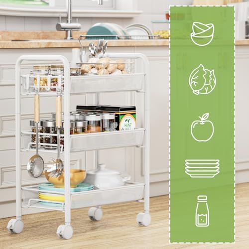 JANE EYRE 3-Tier Rolling Utility Storage Rack Cart on Wheels, Trolley Craft cart, Multi-Purpose Organizer Shelf, White - Image 2
