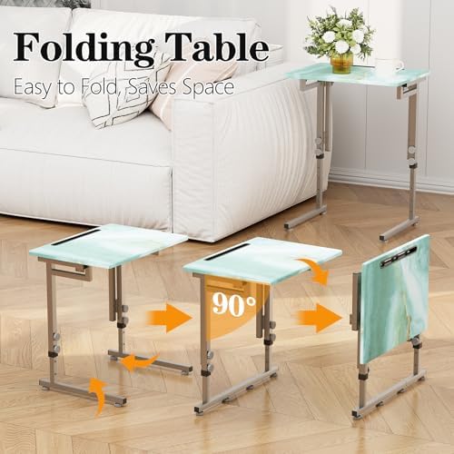 Folding Tv Tray Table,6 Height Adjustable Dinner Snack Slide Under Couch Side Table, Portable Foldable C-Shaped End Table for Eating with Sturdy MDF Top,No Assembly(Sea Blue+Silver) - Image 4
