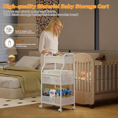 3-Tier Diaper Caddy Organizer & Rolling Cart,Metal Utility Cart with 4+2 Dividers & Lockable Silent Casters, Mobile Storage Cart for Nursery Essentials, Multi-Purpose for Kidsroom Changing Table - Image 4