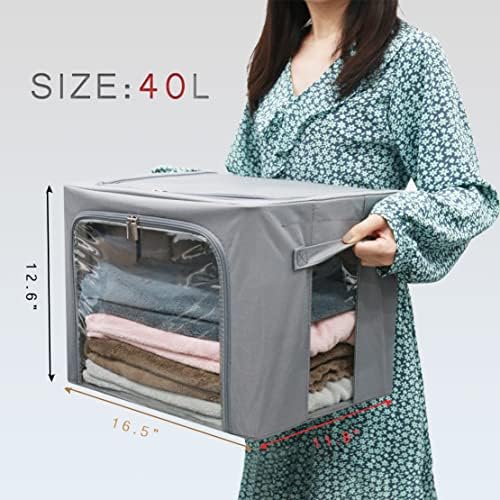Stackable Clothes Storage Box for Clothing Gadgets,Steel Frame Storage Bins for Toys Gift,Foldable Oxford Fabric Closet Organizer Bag Set w/ Carry Handles Clear Window (Medium- 40L x3 Pack, Grey) - Image 2