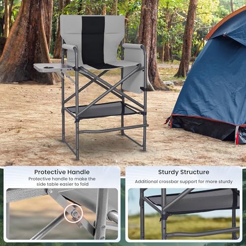 Tall Directors Chair 30" Seat Height, Bar Height Folding Chair with Side Table, Foldable Camping Chair with Side Pocket for Makeup Artist, Sports Event, Supports 400LBS - Black - Image 6