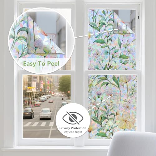 Finnez Stained Glass Window Film, Floral Rainbow Sticker, 17.5″ x 157.4″ - Image 3
