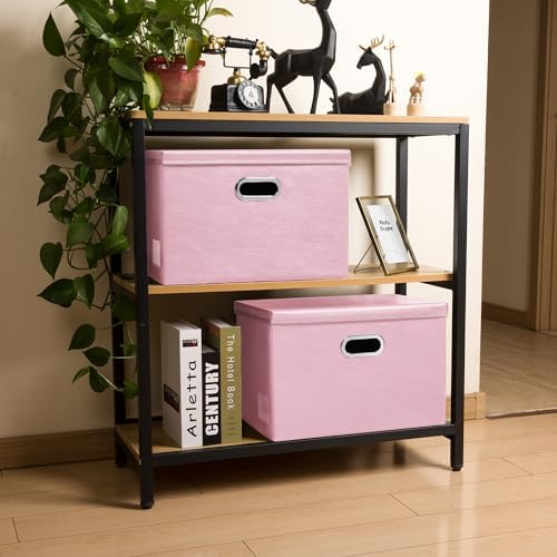 PRANDOM Foldable Storage Bins with Lids [5-Pack] Leather Fabric Collapsible Storage Boxes Organizer Containers Baskets Cube with Cover for Bedroom Closet Office Nursery Pink (14.9x10.8x10) - Image 3