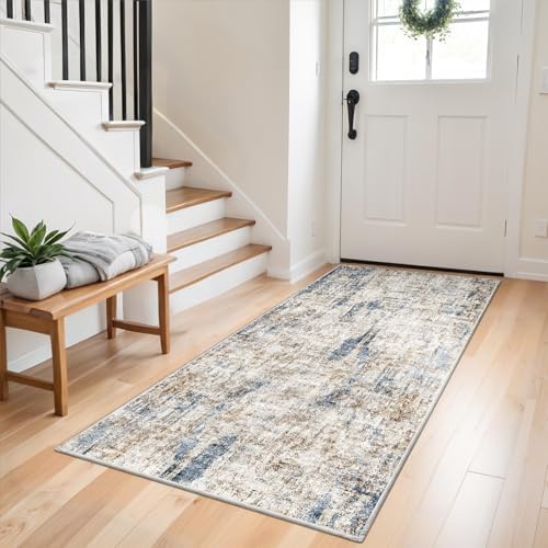 Washable 3x5 Entryway Rug - Non-Slip Soft Low-Pile Thin Small Area Rugs for Kitchen Bedroom Living Room Hallway – Modern Abstract Neutral Door mat Indoor（Blue Brown） by ZHXXUJ