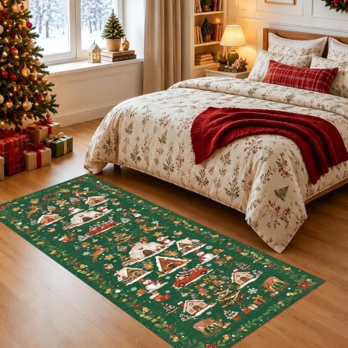 Washable Christmas Rug Runner 2x6 - Xmas Snowflake Green Rug for Kitchen Entryway Non Slip Farmhouse Low Pile Carpet for Laundry Bedroom Bathroom Stain Resistant Floor Mat Pet-Friendly Rug（2x6，Green） - Image 3