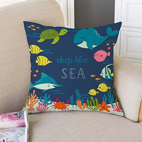 Cartoon Fish Whale Throw Pillow Cover 18 x 18 Inch, Cartoon Underwater Ocean Theme Sea Animal Nature Shark Turtle Decor Linen Cushion Cover for Sofa Couch Bed - Image 2