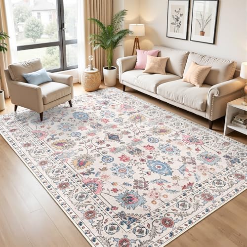 Hanples 5x7 Area Rugs for Living Room, Washable Rug Vintage Floral, Beige by Hanples