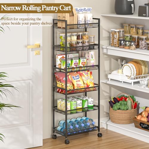 6 Tier Slim Rolling Storage Cart, Narrow Mobile Shelving Unit Organizer Utility Cart with Wheels, Metal Wire Storage Rack with Baskets for Kitchen, Bathroom, Laundry & Living Room, 10in(W) Black - Image 3