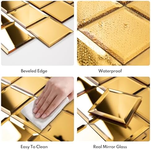 Lovdeco Peel and Stick 3 Inch Gold Mirror Backsplash, Square Tile for Kitchen Bathroom (32 Sheets, 2 SQ.FT.) - Image 3