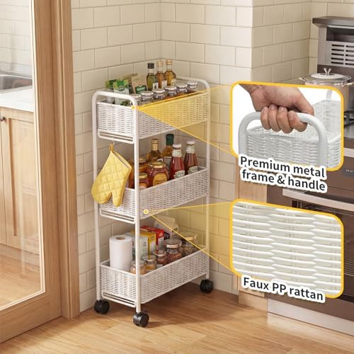 FOCHIER F Utility Slim Storage Cart,3-Tier Rolling Kitchen Office Laundry Room Cart,Mobile Shelving Unit Organizer for Living Room Bathroom Baby Diaper Narrow Places (White, UC-White-7.1inch) - Image 6
