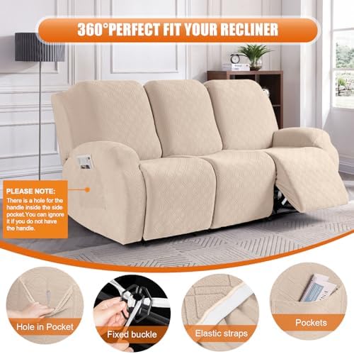 VANSOFY Stretch Recliner Couch Cover, Slipcover, Cream, 3 Seater - Image 5