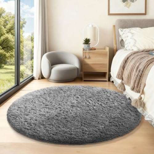 Ophanie Round Rug 5Ft Grey Circle Area Rugs,Fluffy Fuzzy Bedroom Carpet 5 Foot,Plush Shag Indoor Floor Gray Living Room Circular Decor for Kids Teen Boys Baby,Classroom with Over 99 pcs Pile fibers - Image 5