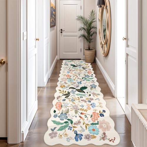 2x10 Washable Hallway Runner Rug: Long Floral Scalloped Soft Runners for Kitchen Entry Thin Non Slip Bathroom Nursery Floor Mat Water Resistant Low Pile 10ft Carpet for Living Room Bedroom(2x10,Cream) by HYHAOYUNLAI