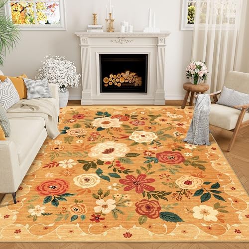 DUKINO 9x12 Area Rug for Living Room, Floral Washable Rug Non Slip, Orange by DUKINO