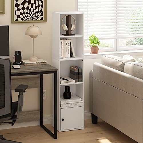 Furinno LUDER Book Shelf, 5-Tier Modern Bookshelf, Bookcase with 1 Door Storage Cabinet, 9.3 x 12 x 52, for Organization and Storage, for Living Room, Bedroom, Home Office, White - Image 5