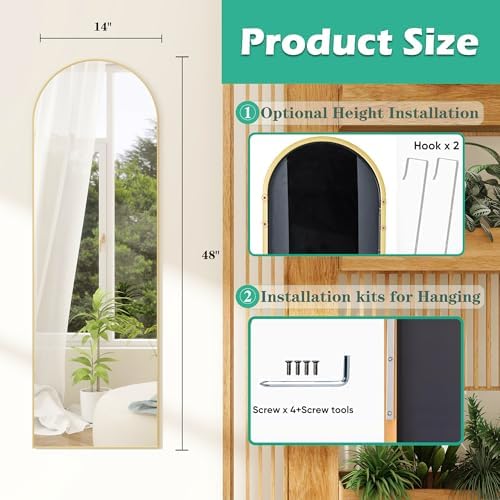 Over the Door Mirror Full Length,48"x14"Door Hanging Mirror Full Length Arch Mirror,Behind the Door Wall Mirror,Back of Door Mirrors for Closet Bedroom Living Room (Gold) - Image 6